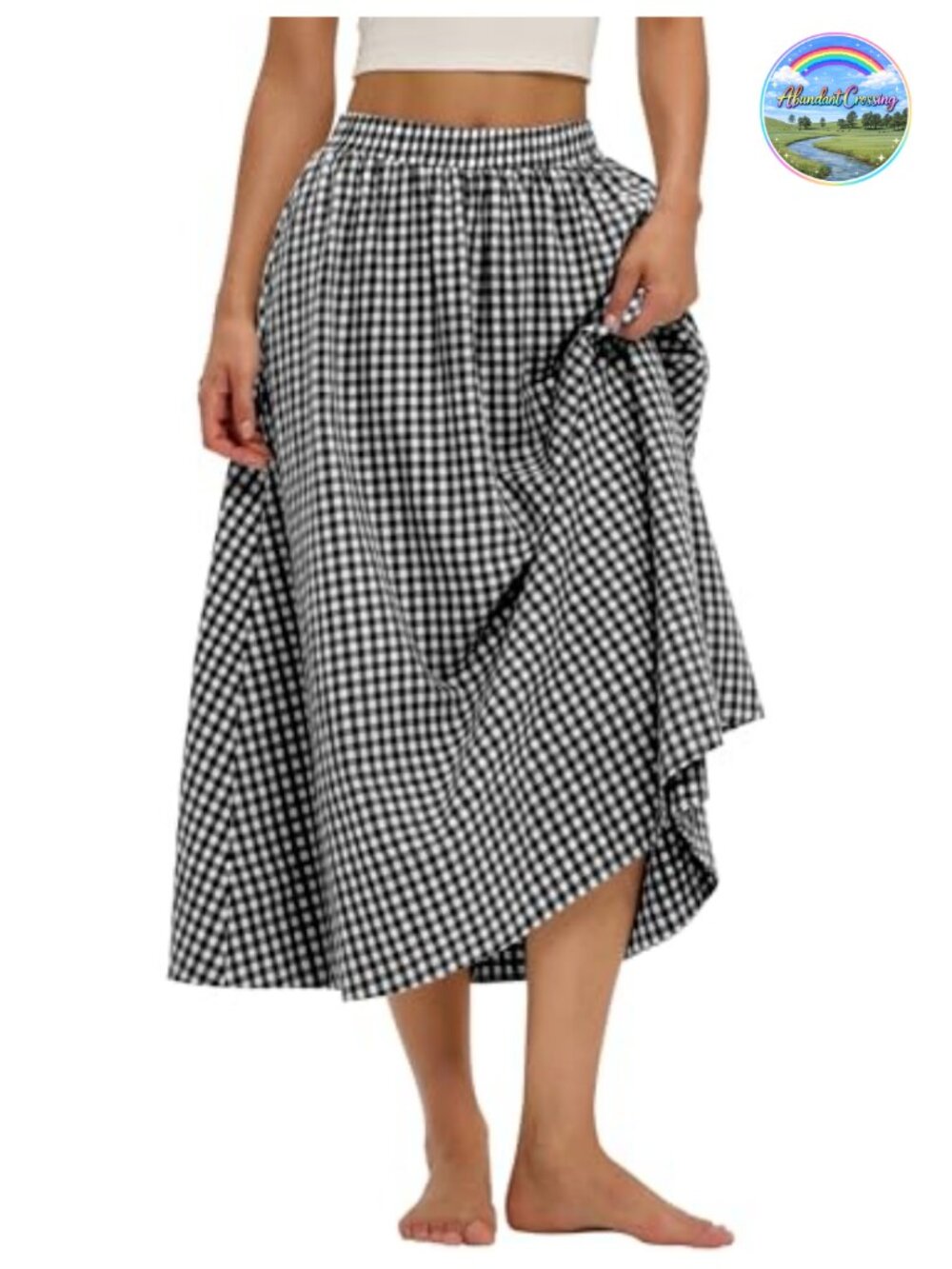 Womens Cotton A-Line Midi Skirt with Pockets Elastic Waist Flowy